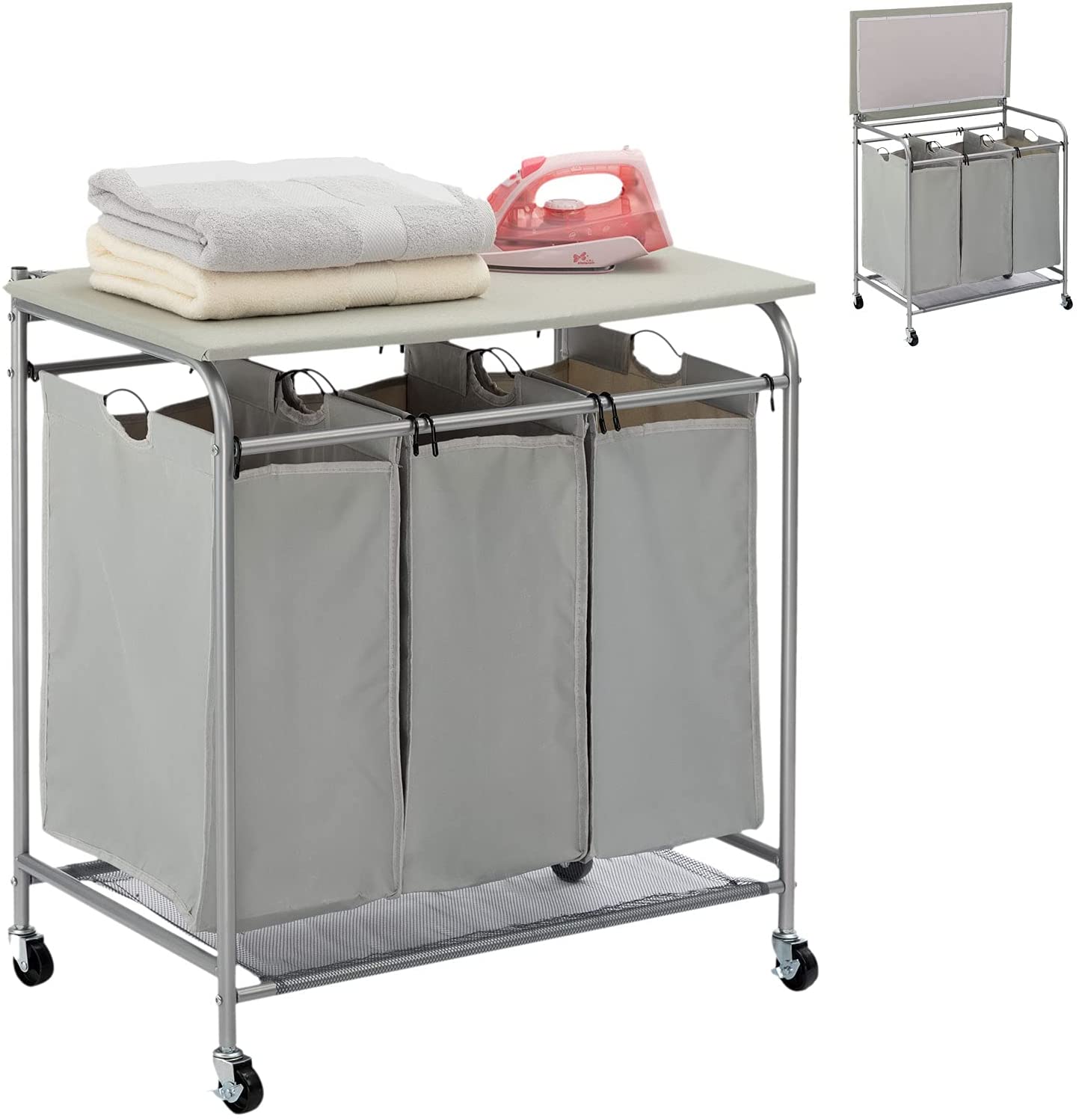 Laundry Sorter Cart 3-Bag Heavy-Duty with Ironing Board